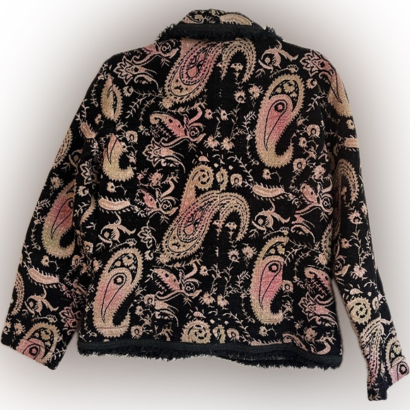 CHICO’S Fringed Tapestry Blazer, Black Pink Paisley (Size 1) 8 Medium M - Picture 2 of 10